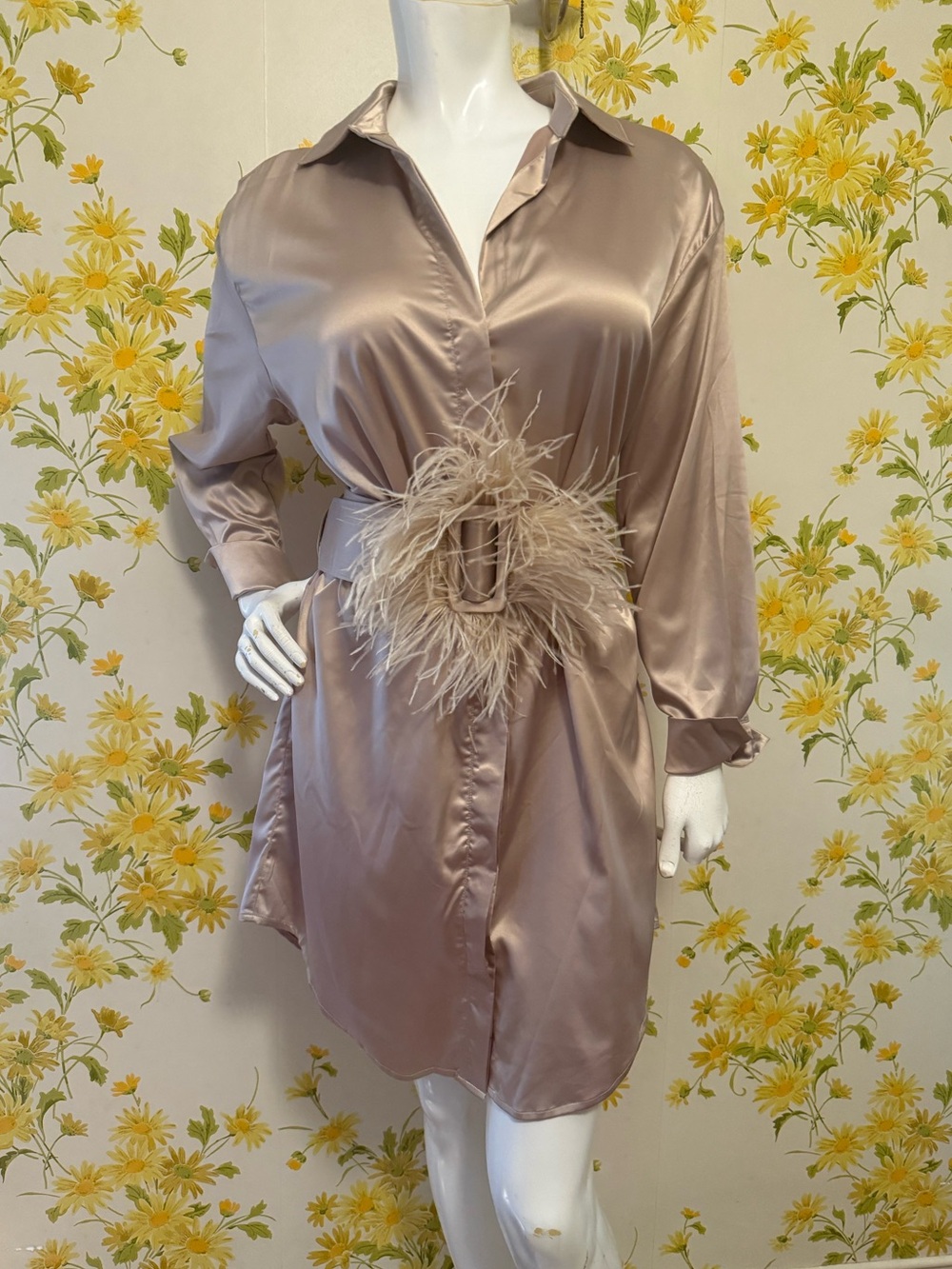 Beige Satin Shirt Dress with Feather Belt size M